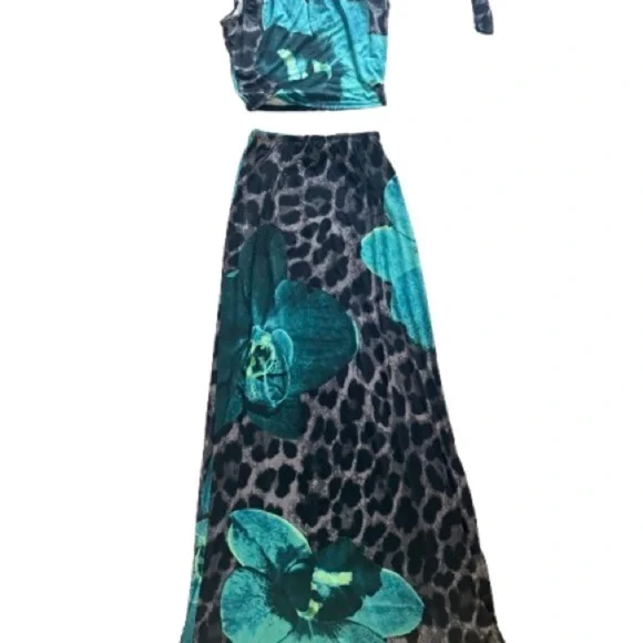 Fashion Nova Teal Floral Leopard Skirt Set - Picture 2 of 2